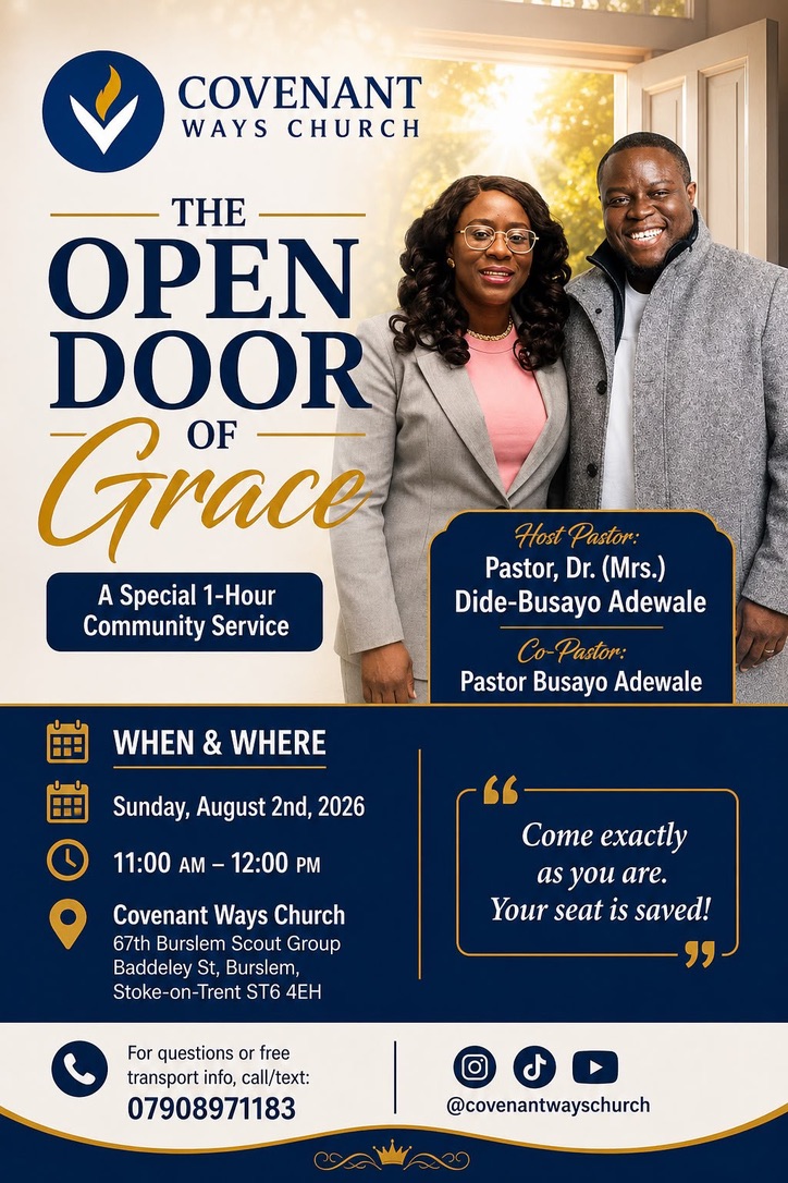 Open Door of Grace community service flyer for Sunday 2 August 2026
